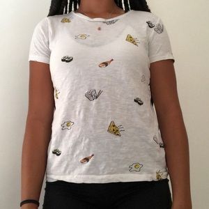 White T-shirt With different types of food on it